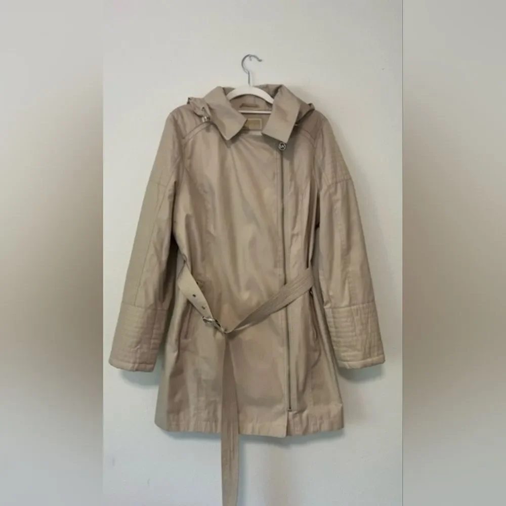 Michael Kors Mk Designer Trench Women's Tan Nude Beige Hooded Coat Jacket Large